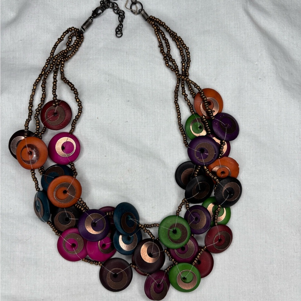 vintage women’s discs necklace 4 connected strands adjustable clasp multicolors
